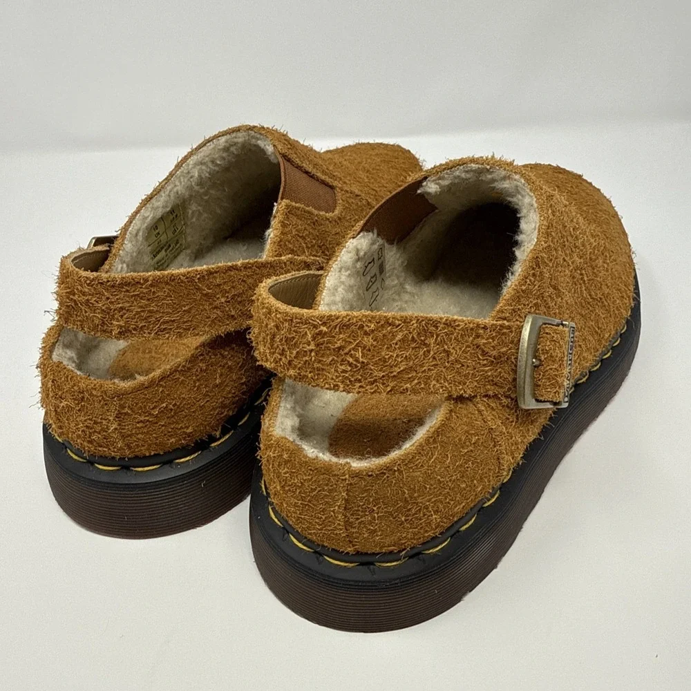 Dr. Martens Isham Tan Suede Faux Fur Lined Mules Mens 11 Womens 12 Brown NEW